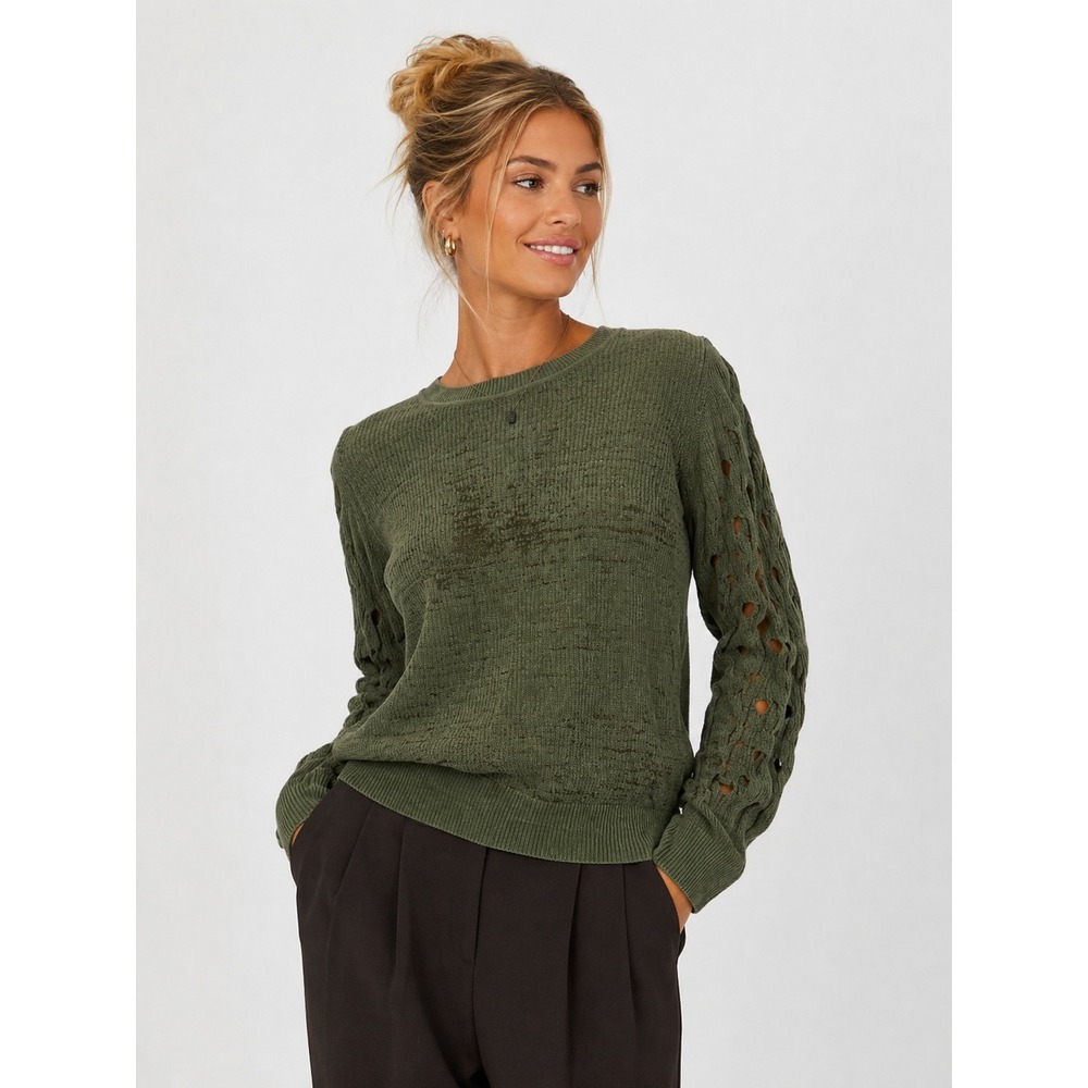 Saint + Sofia Suki Lace Hole Knit Sweater Olive Green Cotton Viscose M